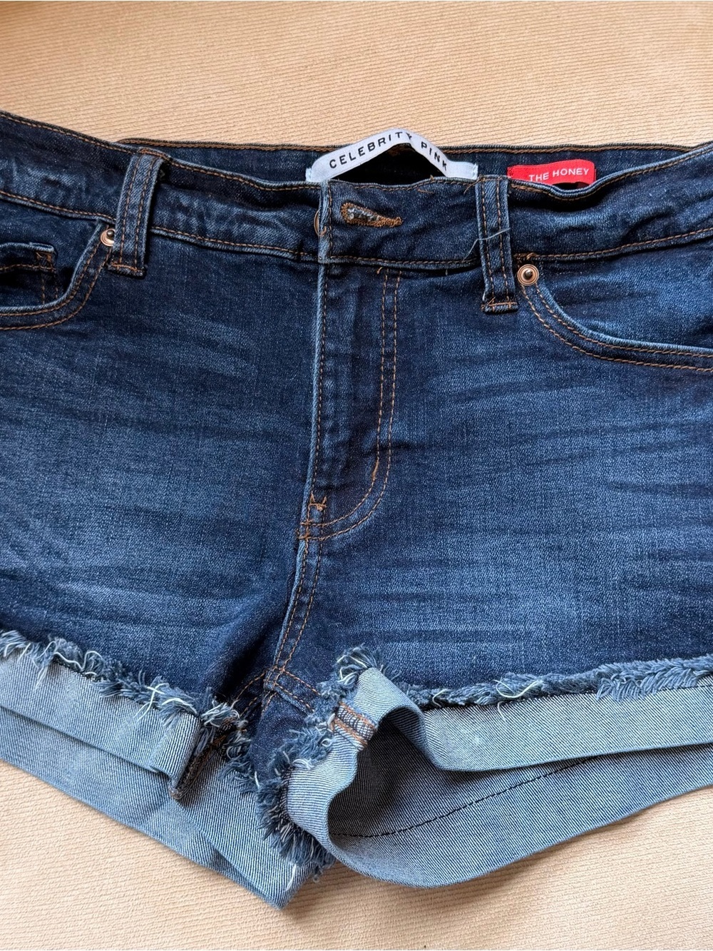 Celebrity Pink Dark Blue Frayed Denim Shorts